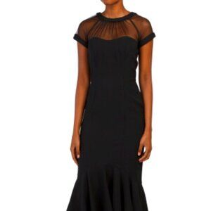 MAGGY LONDON ILLUSION FLOUNCE HEM MIDI BLACK DRESS